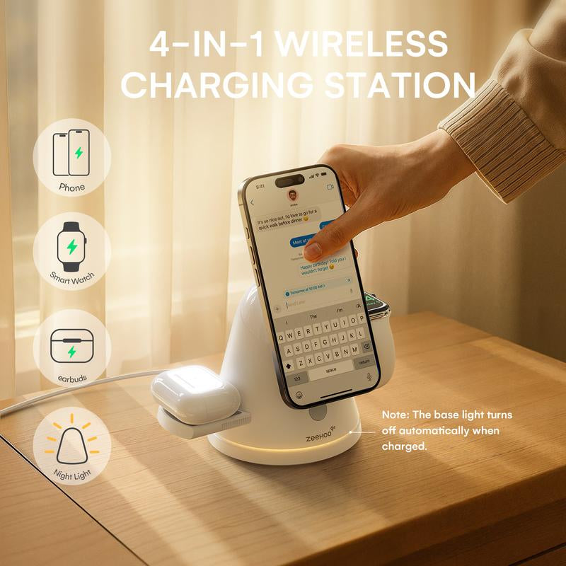 ZEEHOO 4-In-1 Wireless Charging Station for Apple,15Wqi2 Mag-Safe Charger with Dimmable Light & 360° Rotatingphone Stand, Fast Charger for Iphone 16-12, Airpods, Applewatch & Samsung Watch (30W Adapter Included)