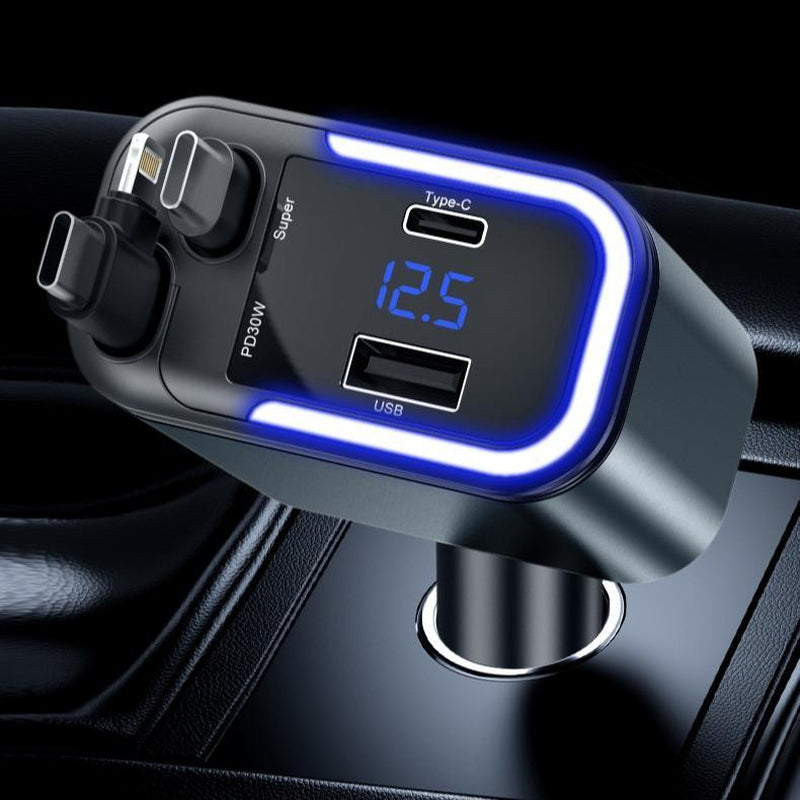 Retractable Car Charger 4 in 1 Car Adapter with Dual USB Charger Wireless Radio Kit MP3 Player Support TF Card & USB Disk, Adjustable Frequency 87.5-108,Bluetooth-Compatible Led Backlit Light,Compatible with Iphone 15/15 Pro Max/14/13/12/11