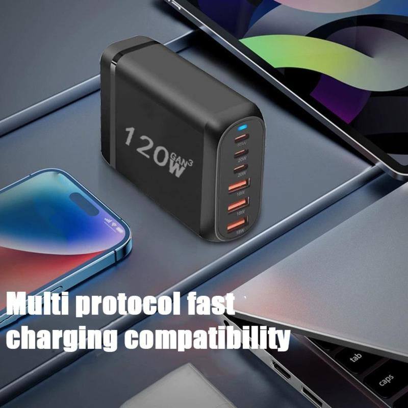120W 6-Port USB Type-C Desktop Charger, Multifunctional PD Charger with US Plug, Portable Fast Charging Multiport Adapter for Home Office Travel, Portable Chargers, Boyfriend Gift
