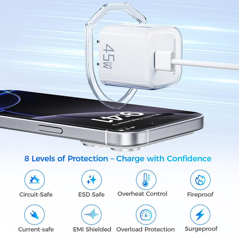MAGICJOHN 45W USB-C Fast Charger – Compact Power Adapter for Iphone 17/16/15 Pro Max/Air – Quick, Travel-Friendly Mini Plug