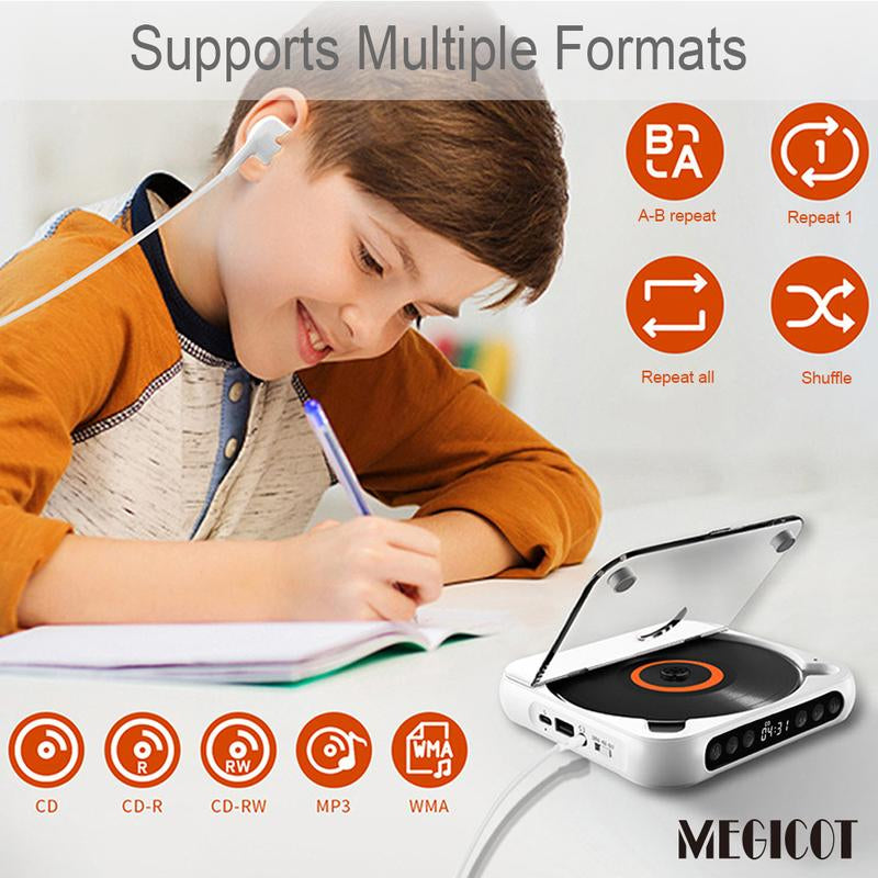 MEGICOT Portable Bluetooth CD Player Built-In Rechargeable Battery with Speaker LED Display USB Audio Port, Support Bluetooth Headset Listening Music Wireless Compact Player - Not Work with Car Bluetooth and Smartphone