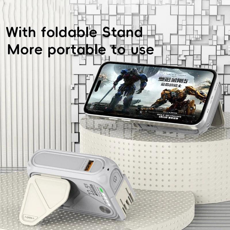 QQK Wireless Magnetic Power Bank 22.5W with Mutual Charging Cable, Phone Holder, USB-A+ AC Plug, 6-In-1 Power Bank for Smartphones and Cellphones Chargeable