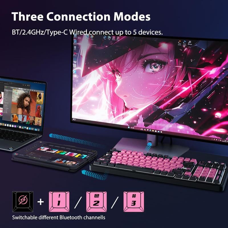 AUSDOM 98Pro Wireless Mechanical Keyboard, Tri-Mode Bluetooth/2.4Ghz/Usb-C Gasket Hot Swappable Custom Gaming Keyboard with Backlit, PBT Keycaps, Linear Switches, for Windows/Mac/Pc (Manga Girl Theme)
