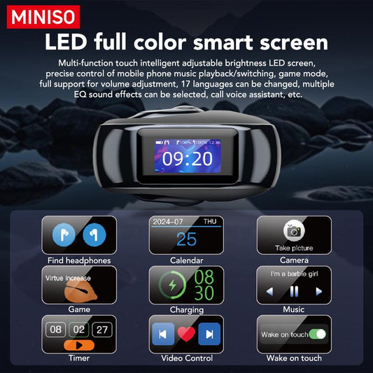 MINISO MS193 True Wireless Earphones,Lcd Full Color Display Charging Case,Ows Open Ear Headphones Waterproof Bluetooth Earbuds,Support Playing Music Gaming