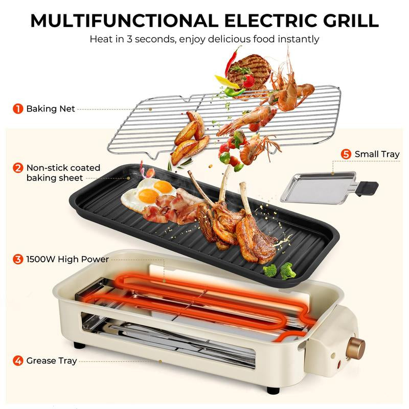 Pukomc 1500W Electric Grill: Smokeless Indoor/Outdoor Cooking, Non-Stick Surface + 3 Raclette Pans. Dishwasher-Safe – Perfect for Steaks & More! Pu Kom C _ Grill