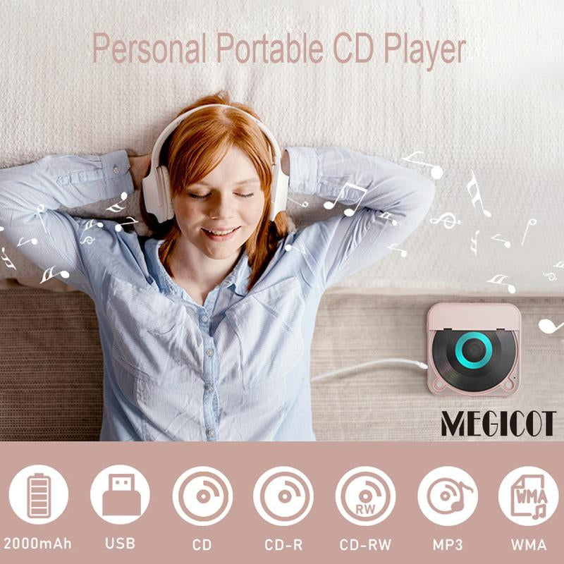 MEGICOT Portable Bluetooth CD Player Built-In Rechargeable Battery with Speaker LED Display USB Audio Port, Support Bluetooth Headset Listening Music Wireless Compact Player - Not Work with Car Bluetooth and Smartphone