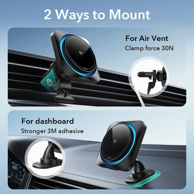 ESR for Qi2 15W Magsafe Car Mount Charger with Cryoboost, Phone Cooling Magsafe Car Charger, Air Vent/Dashboard Wireless Charging for Iphone 17/16/15/14/13/12, S25 Series, Pixel 10, Fast Charger
