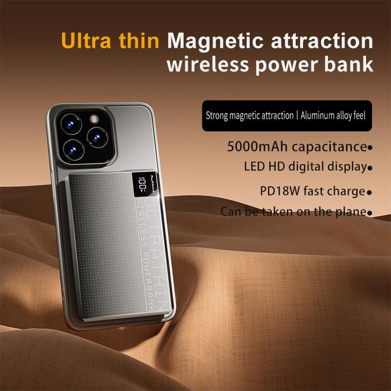 PD18W 5000Mah Ultra-Thin Magnetic Power Bank with Two-Way Fast Charging, Heat-Free Protection, and Magsafe Compatible Digital Wireless Design Portable Black Metal Phone Silicone Device Smartphone Chargeable