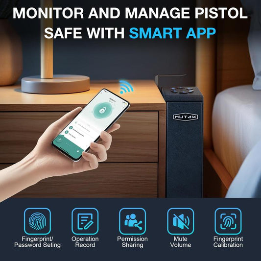 Mutak Biometric Pistol Safe with App Control – Quick Access Handgun Safe with Fingerprint, PIN Code, Key & App for Home, Nightstand, Wall, Desk, Closet Use