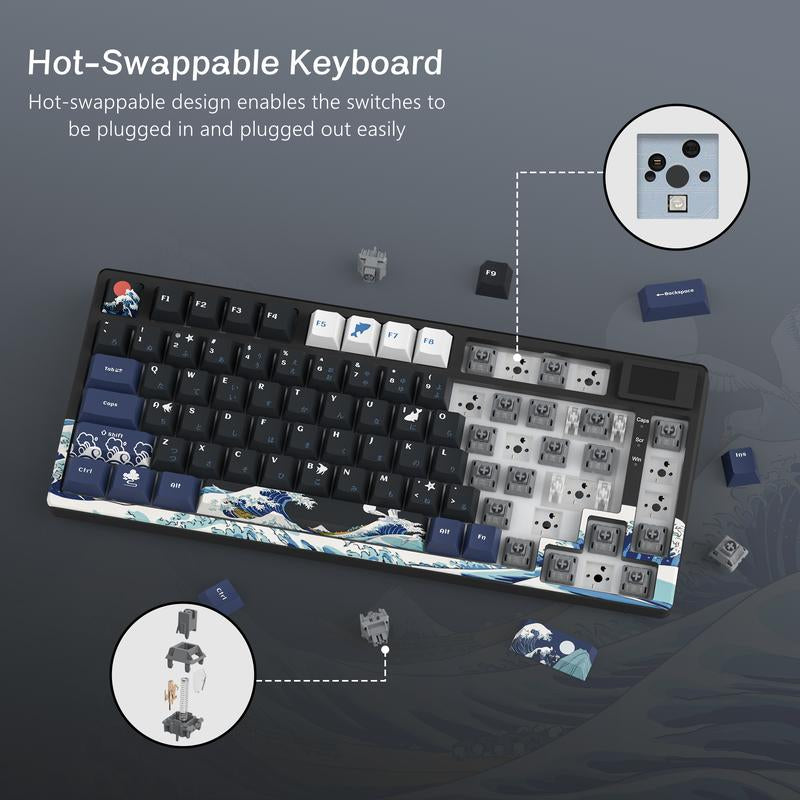 Womier S-K80 75% Keyboard with Color Multimedia Display Mechanical Gaming Keyboard, Wired Hot Swappable Keyboard, Gasket Mount RGB Custom Keyboard, Pre-Lubed Stabilizer for Mac/Win, Black Kanagawa Desk Office Accessories Budget