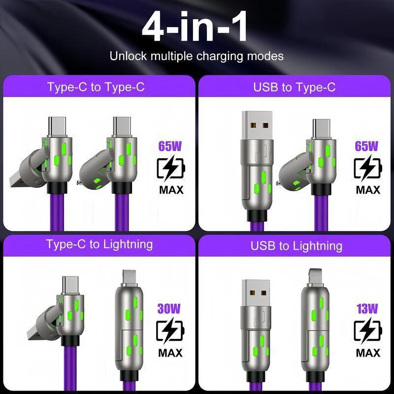 [Buy 1 Get 2 Free] 4-In-1 Multi USB Charging Cable with USB A,Type C,Lightning-Max65W Fast Charging & Data Sync for Iphone16/15,Ipad Pro, Fast Charge Usb Cable 4-In-1 Fast Breathing Light -Max 1 Usb-C Data 4 1 Charging Cable