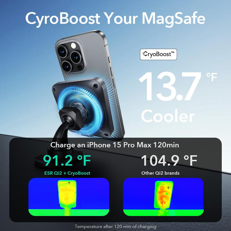 ESR for Qi2 15W Magsafe Car Mount Charger with Cryoboost, Phone Cooling Magsafe Car Charger, Air Vent/Dashboard Wireless Charging for Iphone 17/16/15/14/13/12, S25 Series, Pixel 10, Fast Charger