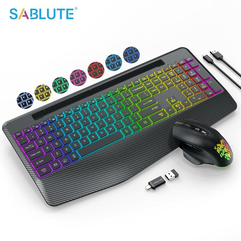 SABLUTE KL8 Wireless Keyboard and Mouse Backlits(Non-Bluetooth), Wrist Rest, LED Mouse, Rechargeable Keyboard with Phone Holder, Silent Light up Combo
