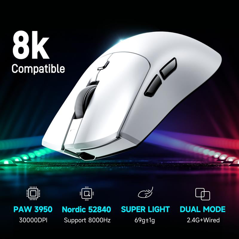 RAWM MH01 PRO 8K Wireless Gaming Mouse, PAW3950 30000DPI, MCU Nordic 52840, up to 165H Battery Life, Esports & FPS Gaming Mice, 8K Dongle Included, Shipping from FBA