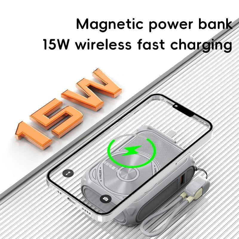 QQK Wireless Magnetic Power Bank 22.5W with Mutual Charging Cable, Phone Holder, USB-A+ AC Plug, 6-In-1 Power Bank for Smartphones and Cellphones Chargeable