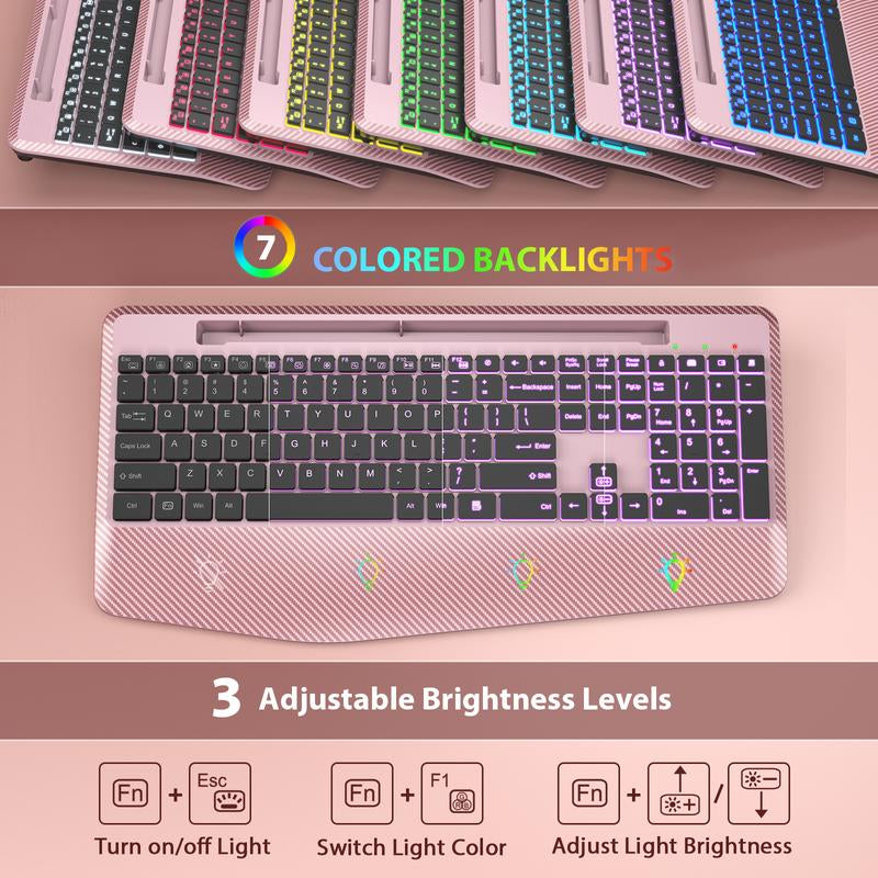 SABLUTE KL8 Wireless Keyboard and Mouse Backlits(Non-Bluetooth), Wrist Rest, LED Mouse, Rechargeable Keyboard with Phone Holder, Silent Light up Combo