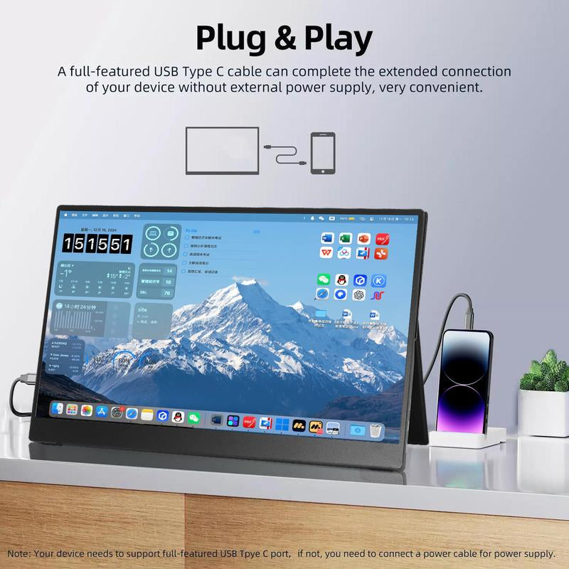 15.6'' 1080P Portable Monitor -Built-In Speakers, HDR, Ultra-Thin Bezels, Plug & Play, USB-C, Smart Case, Travel Display, Ips Screen