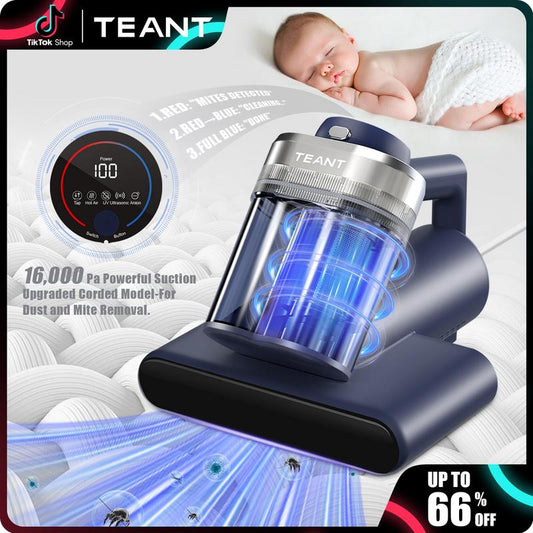 【2025 Teant】 Mattress Vacuum Cleaner for Dust Mites Removal, Bed Vacuum with UV-C Light & 149°F Hot Air & Aroma Tablet & LED Display, 16Kpa Powerful Suction Double-Cup Handheld Vacuum Cleaner with HEPA Filter for Bed, Couch, Sofa, Carpet