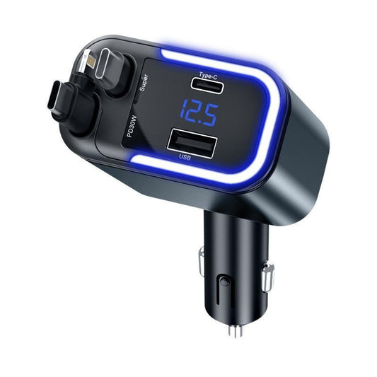 Retractable Car Charger 4 in 1 Car Adapter with Dual USB Charger Wireless Radio Kit MP3 Player Support TF Card & USB Disk, Adjustable Frequency 87.5-108，Bluetooth-Compatible Led Backlit Light,Compatible with Iphone 15/15 Pro Max/14/13/12/11