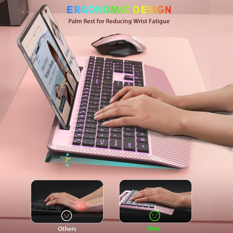 SABLUTE KL8 Wireless Keyboard and Mouse Backlits(Non-Bluetooth), Wrist Rest, LED Mouse, Rechargeable Keyboard with Phone Holder, Silent Light up Combo