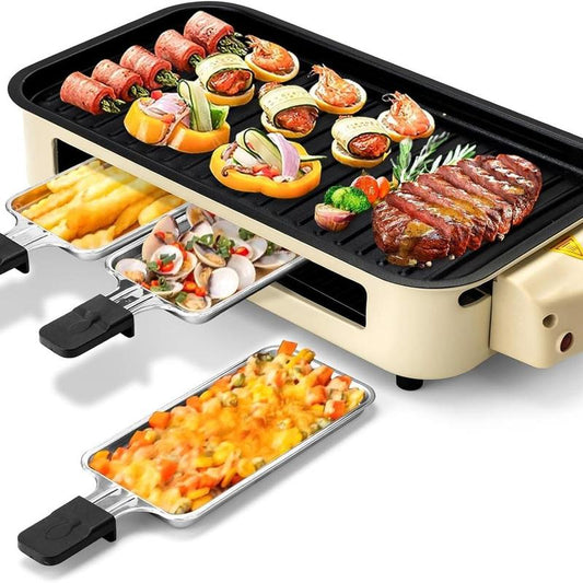 Pukomc 1500W Electric Grill: Smokeless Indoor/Outdoor Cooking, Non-Stick Surface + 3 Raclette Pans. Dishwasher-Safe – Perfect for Steaks & More! Pu Kom C _ Grill