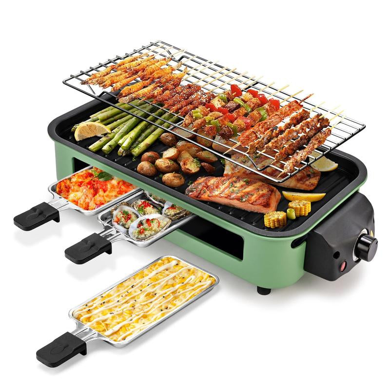 Pukomc 1500W Electric Grill: Smokeless Indoor/Outdoor Cooking, Non-Stick Surface + 3 Raclette Pans. Dishwasher-Safe – Perfect for Steaks & More! Pu Kom C _ Grill