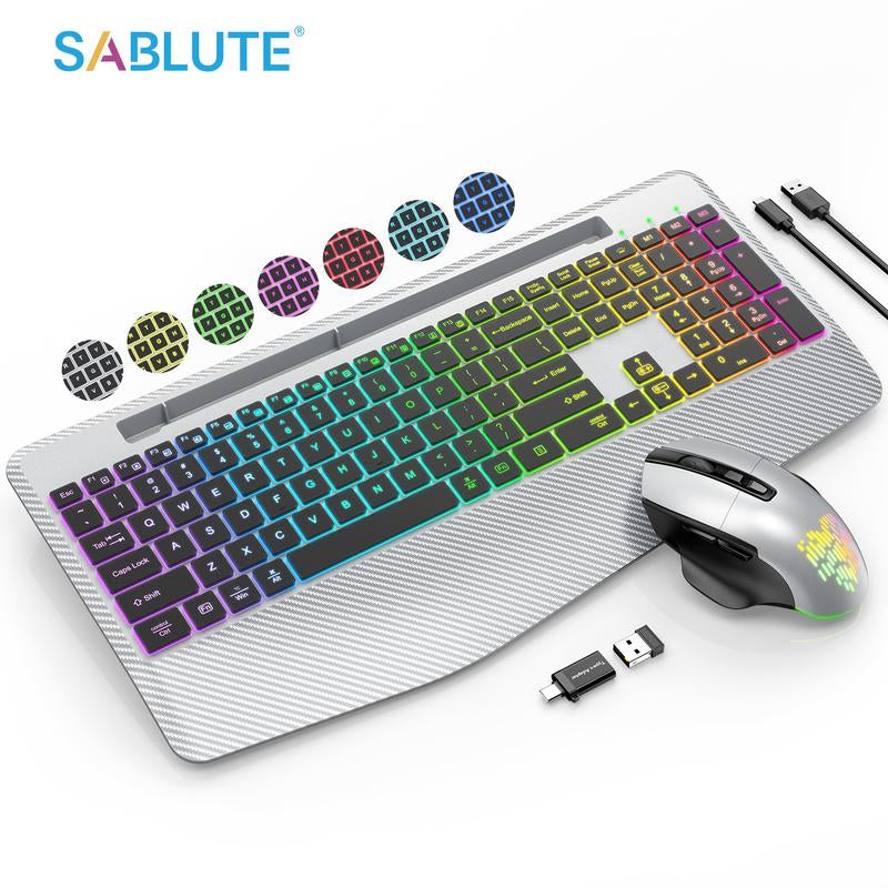 SABLUTE KL8 Wireless Keyboard and Mouse Backlits(Non-Bluetooth), Wrist Rest, LED Mouse, Rechargeable Keyboard with Phone Holder, Silent Light up Combo