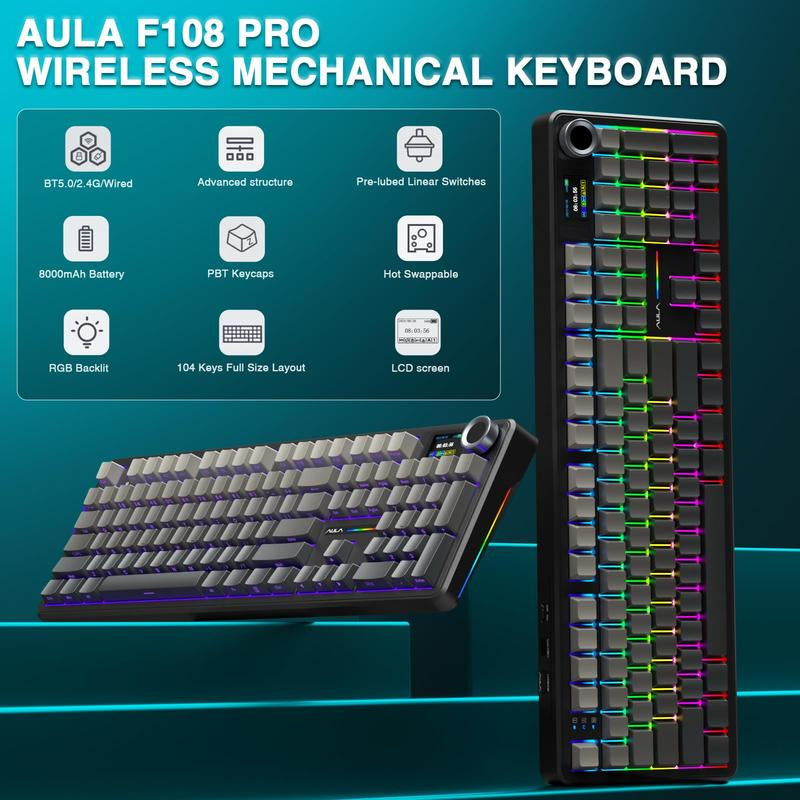 AULA F108 PRO - Wireless Mechanical Keyboard,Full Size Keyboard with 8000Mah Battery,Side Printed PBT Keycaps,Rgb Backlit Hot Swappable Custom Gaming Keyboards