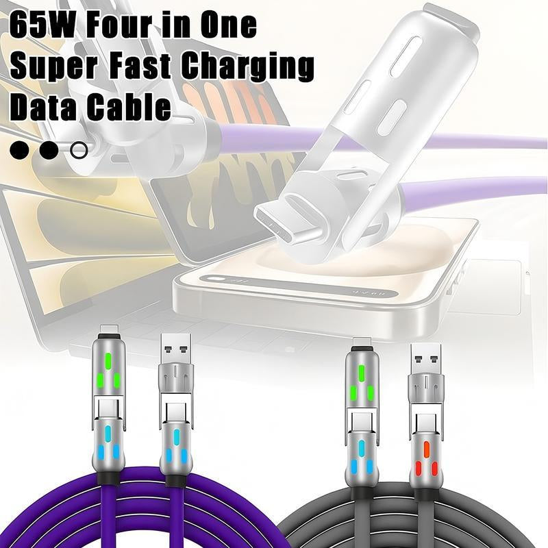 [Buy 1 Get 2 Free] 4-In-1 Multi USB Charging Cable with USB A,Type C,Lightning-Max65W Fast Charging & Data Sync for Iphone16/15,Ipad Pro, Fast Charge Usb Cable 4-In-1 Fast Breathing Light -Max 1 Usb-C Data 4 1 Charging Cable