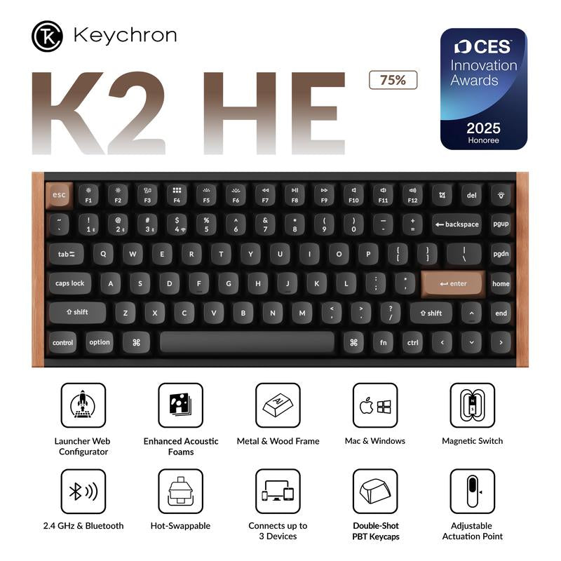 【CES Innovation Awards】Keychron K2 HE Wireless Magnetic Switch Custom Keyboard, Rapid Trigger, Gamepad Analog,Adjustable Actuation Point Pbt Keycaps Gaming Keyboard Creamy Keyboard Enhanced Acoustic Foams Gifts for Boyfriend