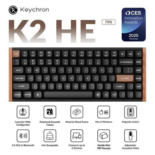 【CES Innovation Awards】Keychron K2 HE Wireless Magnetic Switch Custom Keyboard, Rapid Trigger, Gamepad Analog,Adjustable Actuation Point Pbt Keycaps Gaming Keyboard Creamy Keyboard Enhanced Acoustic Foams Gifts for Boyfriend