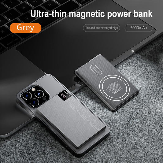 PD18W 5000Mah Ultra-Thin Magnetic Power Bank with Two-Way Fast Charging, Heat-Free Protection, and Magsafe Compatible Digital Wireless Design Portable Black Metal Phone Silicone Device Smartphone Chargeable
