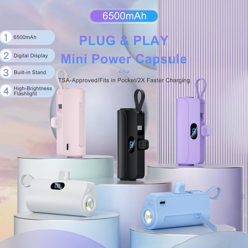 Next-Gen Mini Capsule 6500Mah 3-In-1 Power Bank,Dual USB-C Ports - 22.5W Fast Charging, Built-In Phone Stand & Flashlight, Includes USB-C to Lightning Adapter, Digital Screen Display (Shows % Power), Compatible with Iphone 16/15/14/13/12 & Android Devices