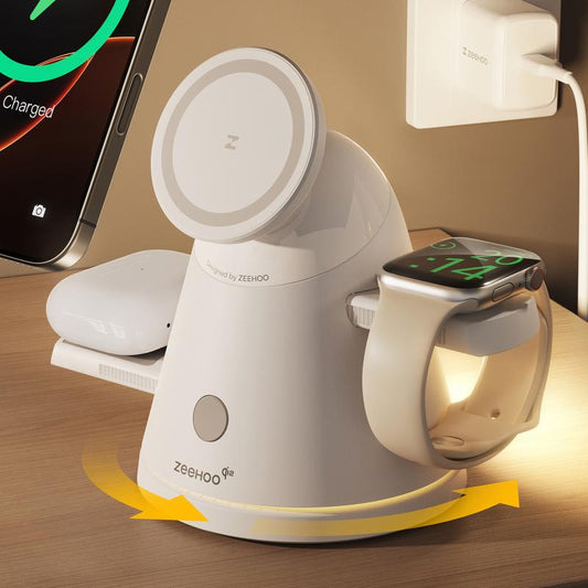 ZEEHOO 4-In-1 Wireless Charging Station for Apple,15Wqi2 Mag-Safe Charger with Dimmable Light & 360° Rotatingphone Stand, Fast Charger for Iphone 16-12, Airpods, Applewatch & Samsung Watch (30W Adapter Included)