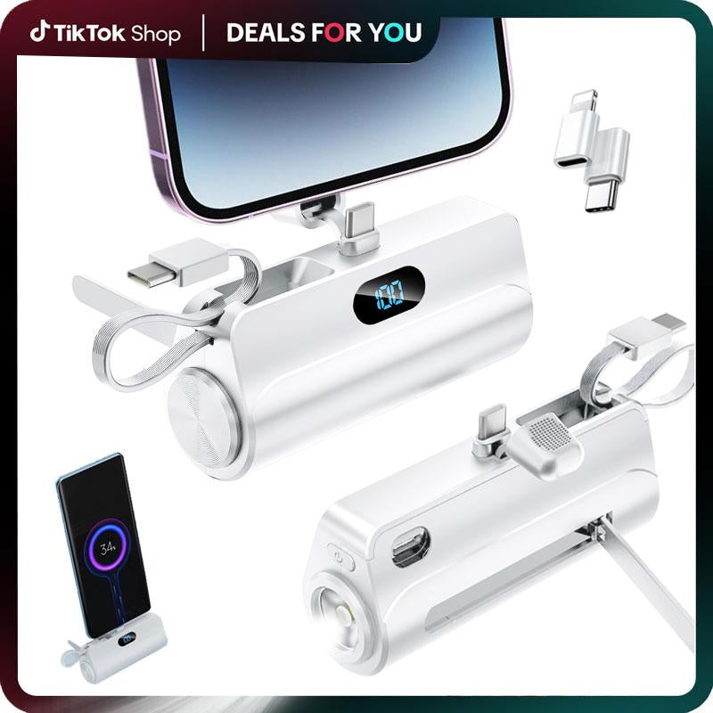 Next-Gen Mini Capsule 6500Mah 3-In-1 Power Bank,Dual USB-C Ports - 22.5W Fast Charging, Built-In Phone Stand & Flashlight, Includes USB-C to Lightning Adapter, Digital Screen Display (Shows % Power), Compatible with Iphone 16/15/14/13/12 & Android Devices