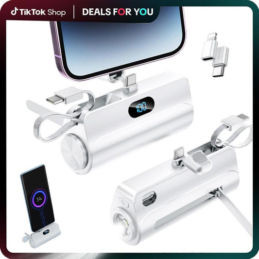 Next-Gen Mini Capsule 6500Mah 3-In-1 Power Bank,Dual USB-C Ports - 22.5W Fast Charging, Built-In Phone Stand & Flashlight, Includes USB-C to Lightning Adapter, Digital Screen Display (Shows % Power), Compatible with Iphone 16/15/14/13/12 & Android Devices