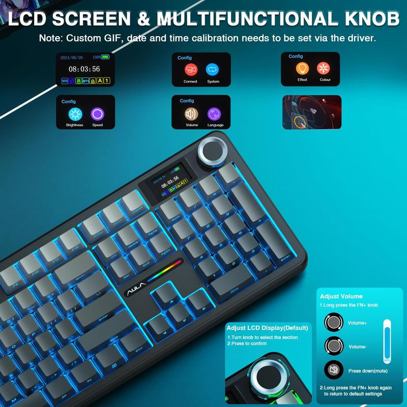 AULA F108 PRO - Wireless Mechanical Keyboard,Full Size Keyboard with 8000Mah Battery,Side Printed PBT Keycaps,Rgb Backlit Hot Swappable Custom Gaming Keyboards