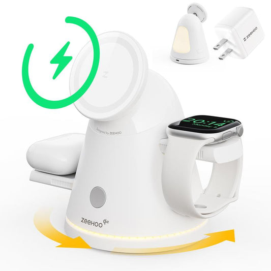 ZEEHOO 4-In-1 Wireless Charging Station for Apple,15Wqi2 Mag-Safe Charger with Dimmable Light & 360° Rotatingphone Stand, Fast Charger for Iphone 16-12, Airpods, Applewatch & Samsung Watch (30W Adapter Included)