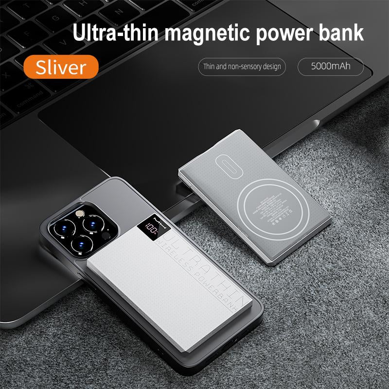 PD18W 5000Mah Ultra-Thin Magnetic Power Bank with Two-Way Fast Charging, Heat-Free Protection, and Magsafe Compatible Digital Wireless Design Portable Black Metal Phone Silicone Device Smartphone Chargeable