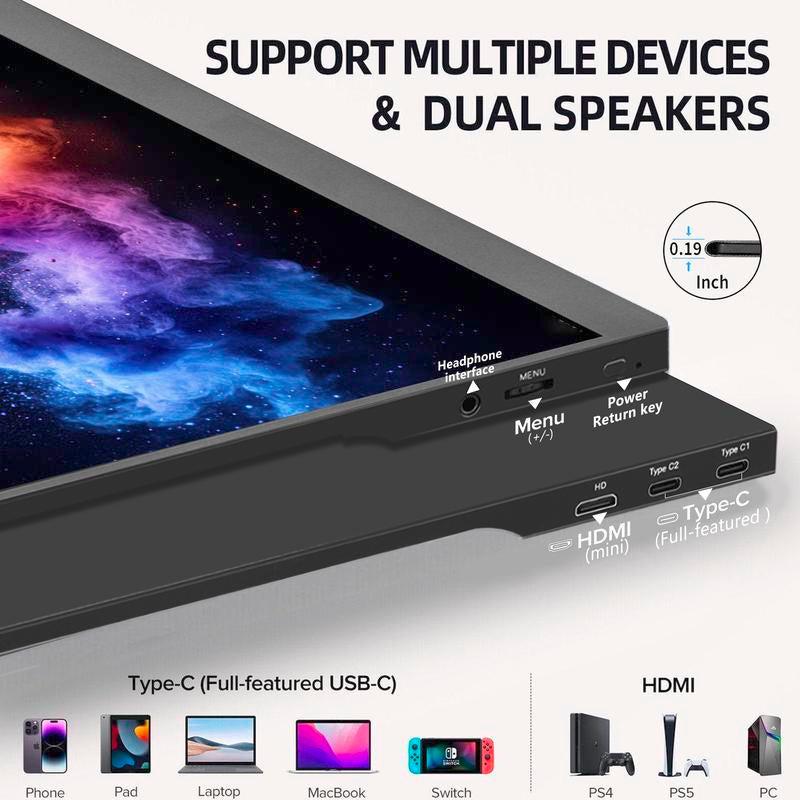 15.6'' 1080P Portable Monitor -Built-In Speakers, HDR, Ultra-Thin Bezels, Plug & Play, USB-C, Smart Case, Travel Display, Ips Screen