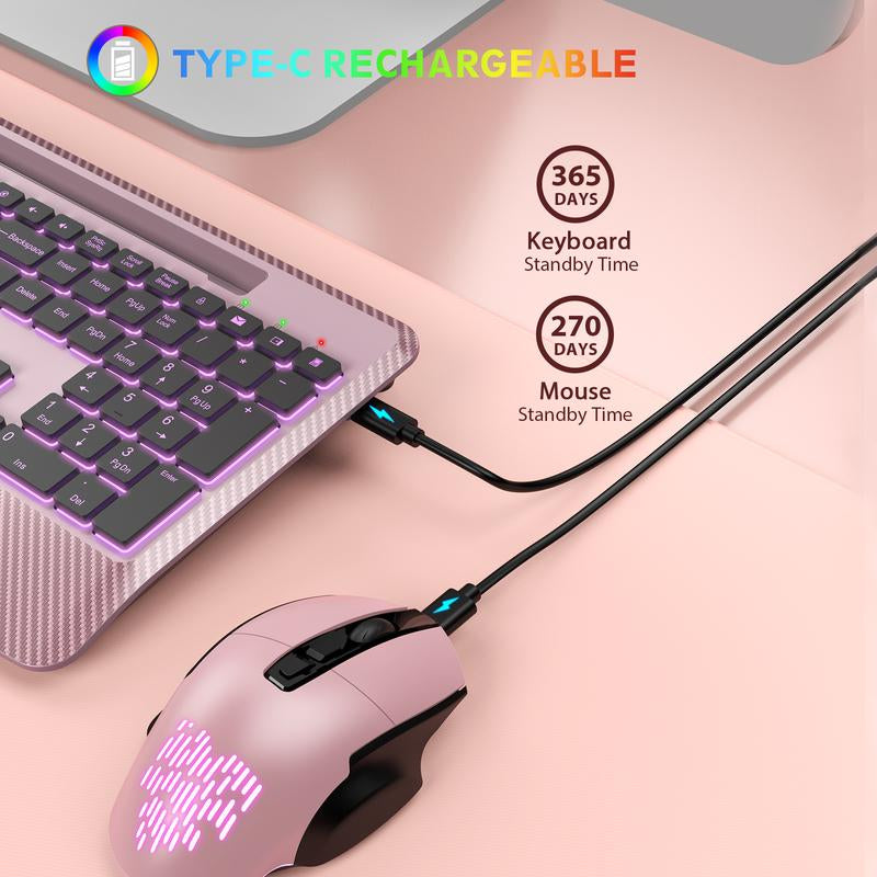 SABLUTE KL8 Wireless Keyboard and Mouse Backlits(Non-Bluetooth), Wrist Rest, LED Mouse, Rechargeable Keyboard with Phone Holder, Silent Light up Combo
