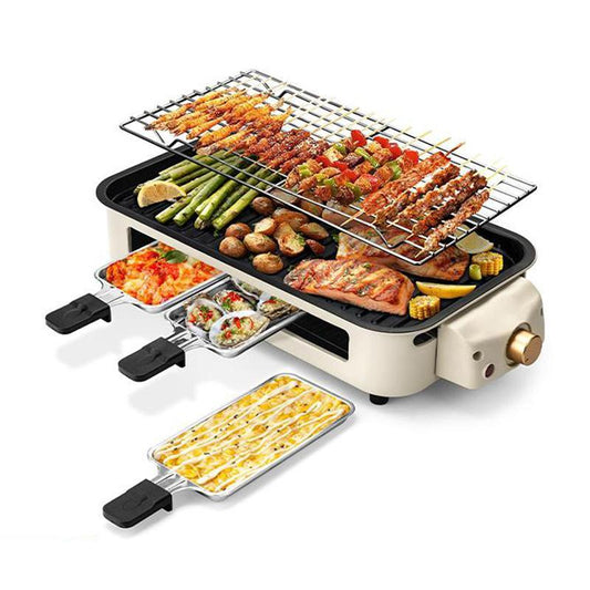 Pukomc 1500W Electric Grill: Smokeless Indoor/Outdoor Cooking, Non-Stick Surface + 3 Raclette Pans. Dishwasher-Safe – Perfect for Steaks & More! Pu Kom C _ Grill