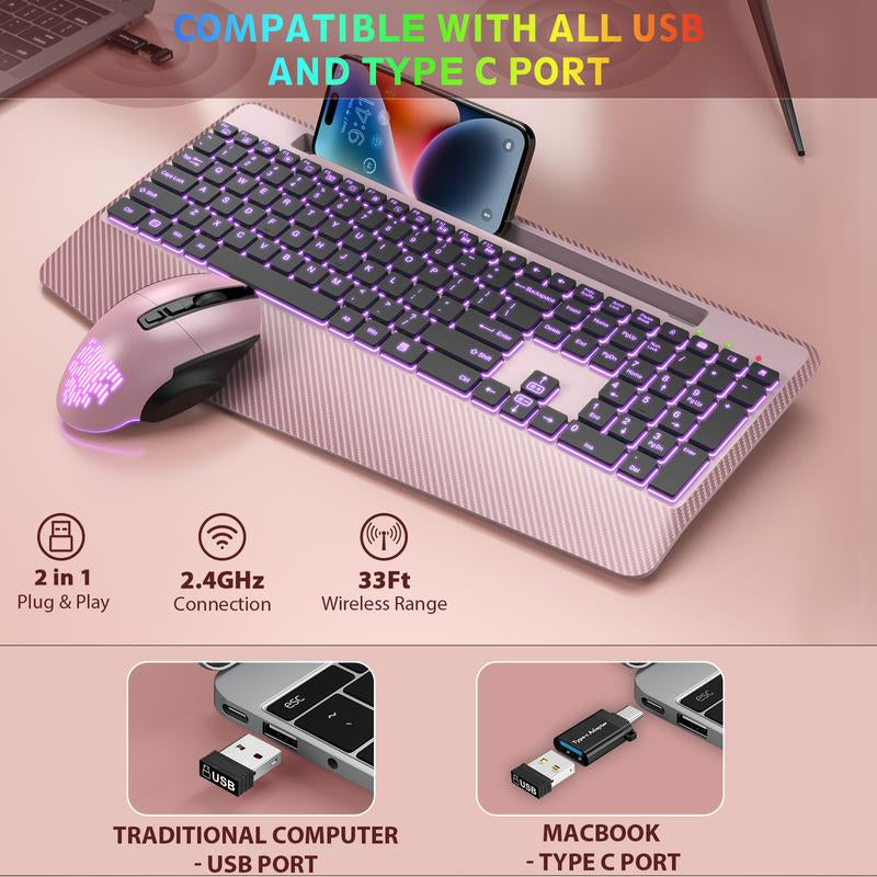 SABLUTE KL8 Wireless Keyboard and Mouse Backlits(Non-Bluetooth), Wrist Rest, LED Mouse, Rechargeable Keyboard with Phone Holder, Silent Light up Combo