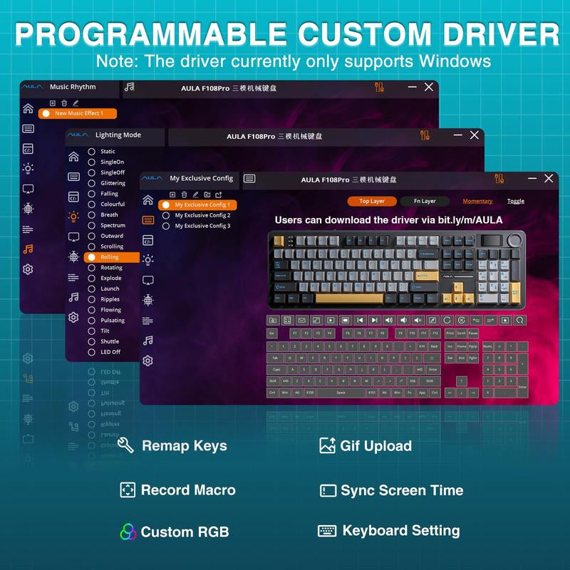 AULA F108 PRO - Wireless Mechanical Keyboard,Full Size Keyboard with 8000Mah Battery,Side Printed PBT Keycaps,Rgb Backlit Hot Swappable Custom Gaming Keyboards