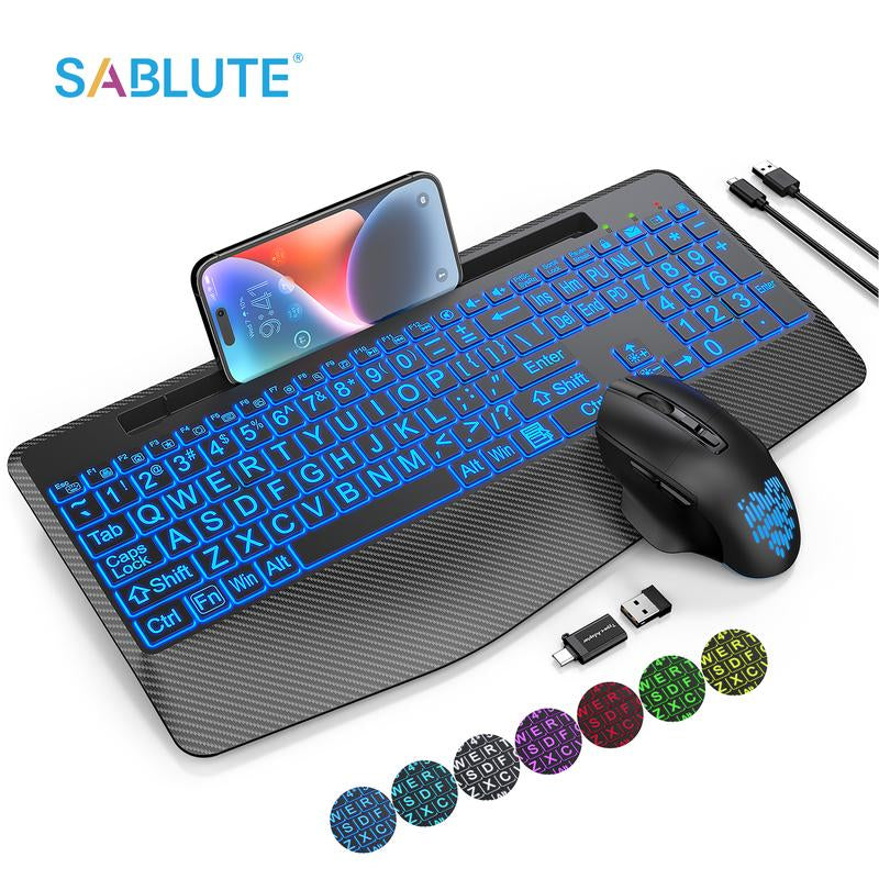SABLUTE KL8 Wireless Keyboard and Mouse Backlits(Non-Bluetooth), Wrist Rest, LED Mouse, Rechargeable Keyboard with Phone Holder, Silent Light up Combo