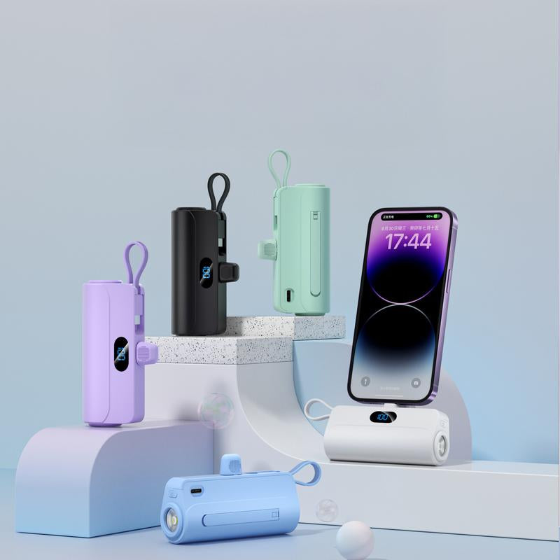 Next-Gen Mini Capsule 6500Mah 3-In-1 Power Bank,Dual USB-C Ports - 22.5W Fast Charging, Built-In Phone Stand & Flashlight, Includes USB-C to Lightning Adapter, Digital Screen Display (Shows % Power), Compatible with Iphone 16/15/14/13/12 & Android Devices