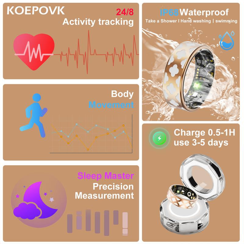 Tracking Fitness Ring,Enamel Wearable Smart Ring–Waterproof,Health Tracker,Sleep&Blood Pressure– Gift for Men,Women Gift Continuous Health Smart Sleep