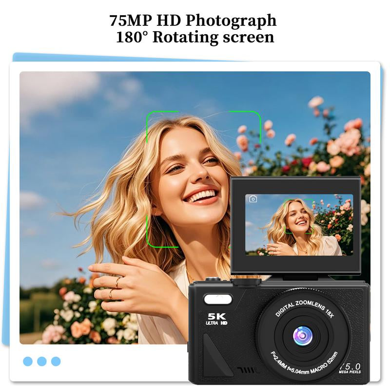 2025 Portable Vintage Camera Digital Camera 5K,180°Digital Camera with Flip Screen,Camera for Vlogging,Camera Content Creator,Compact Travel Camera for Teens,Summer Gifts