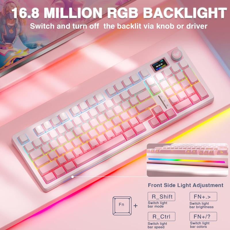 S98 Pro Wireless Mechanical with Screen & Knob 2.4Ghz/Usb-C/Bt5.0 Hot Swappable Pink Creamy Pre-Lubed Linear Switches Side Printed Pbt Keycaps Rgb Backlit Gaming Keyboards