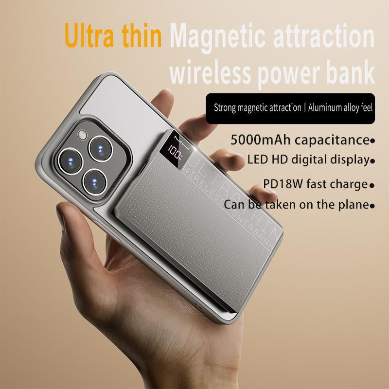 PD18W 5000Mah Ultra-Thin Magnetic Power Bank with Two-Way Fast Charging, Heat-Free Protection, and Magsafe Compatible Digital Wireless Design Portable Black Metal Phone Silicone Device Smartphone Chargeable